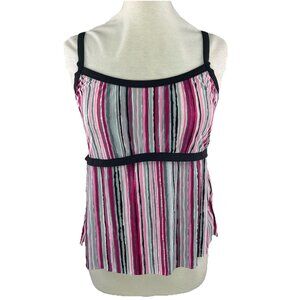 24Th & OCEAN  Size Large Womens Pink Silver White Striped Tankini Top Adj Straps